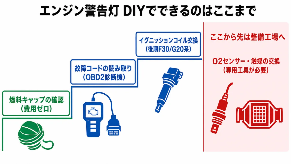 エンジン警告灯 DIYでできる範囲の階段図(コード読取からコイル交換まで・O2センサーと触媒は整備工場へ)