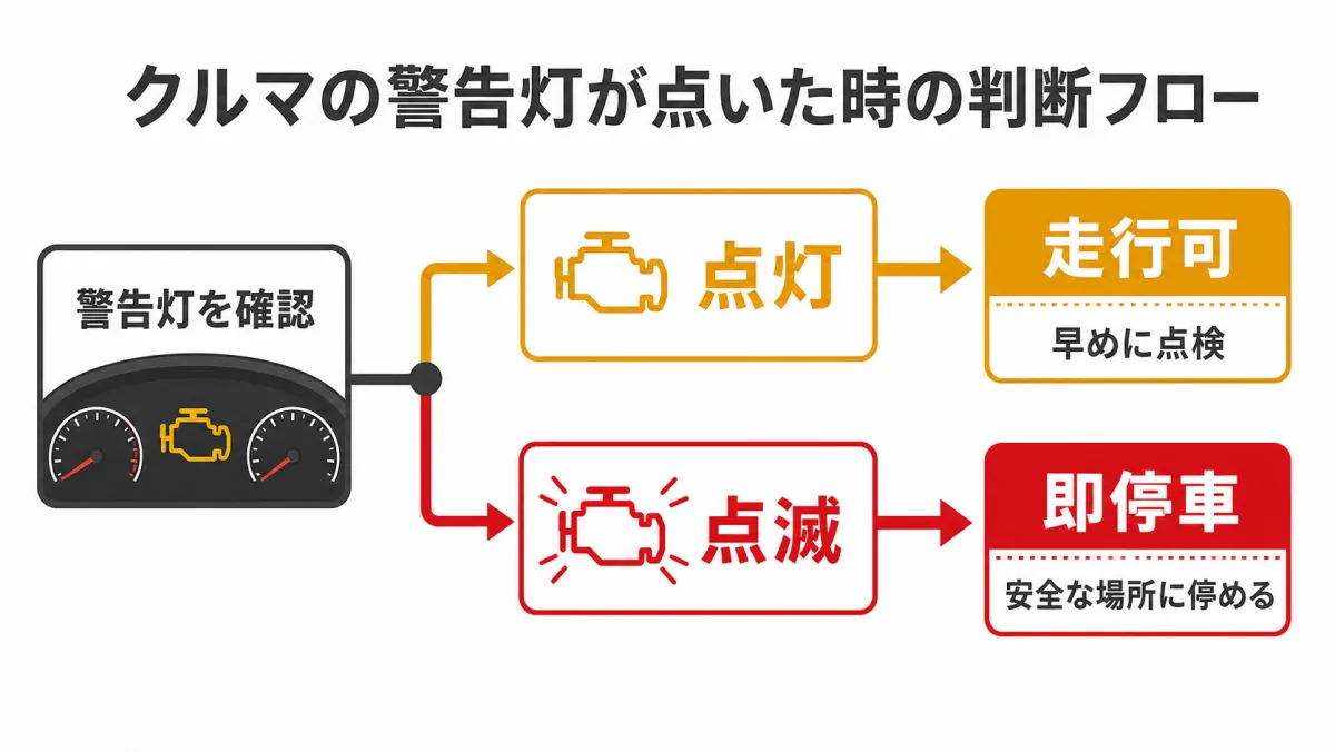 BMWエンジン警告灯 点灯と点滅の判断フロー図