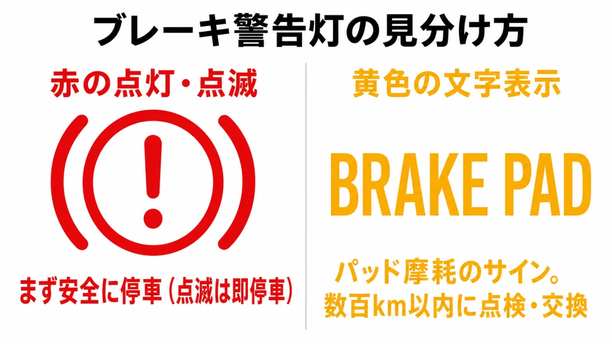 ブレーキ警告灯の見分け方図（赤の点灯・点滅はまず停車、黄色BRAKE PAD表示は数百km以内に点検）