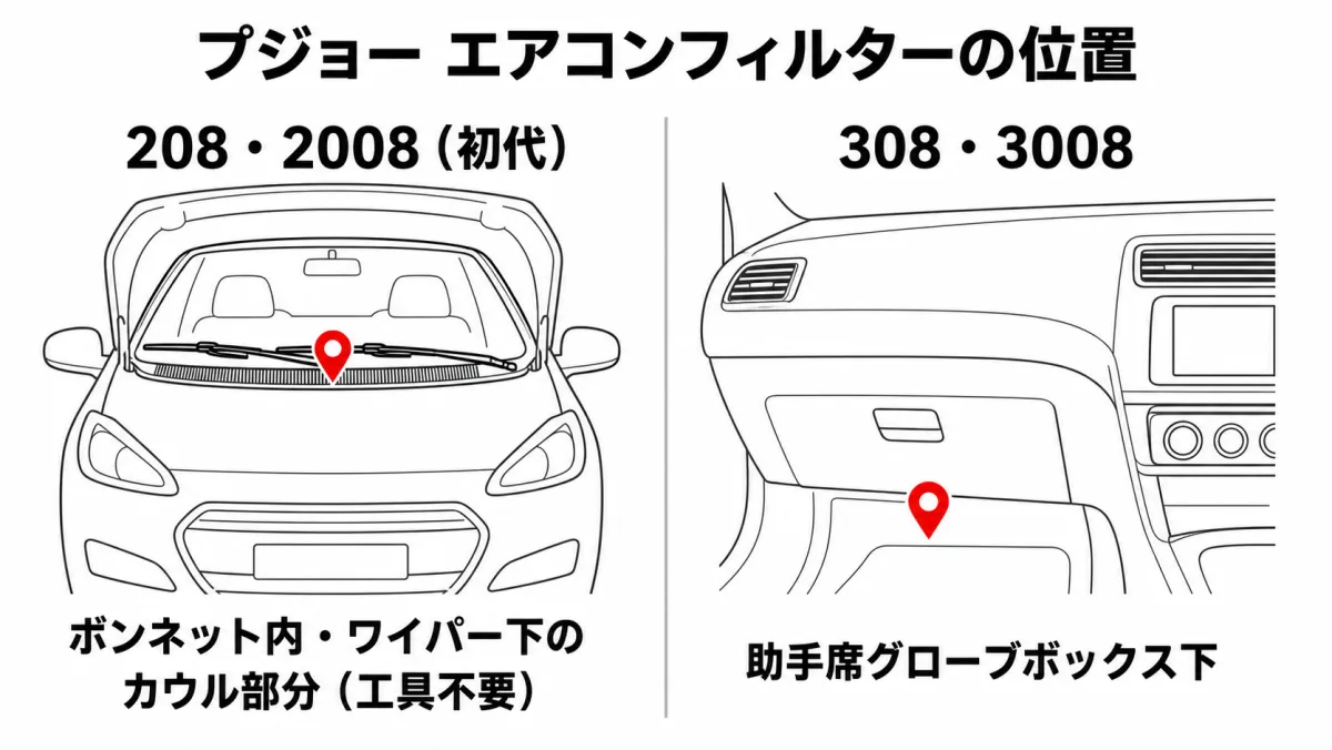 プジョーのエアコンフィルター位置図（208/2008はボンネット内ワイパー下、308/3008は助手席グローブボックス下）