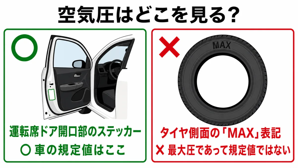 空気圧の正しい確認場所の対比図(運転席ドア開口部のステッカーが正解・タイヤ側面のMAX表記は上限値)
